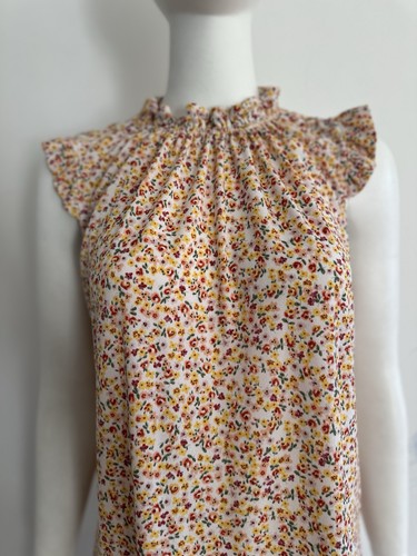 Adrianna Papell Blouse Womens Floral Ruffle Neckline Cap Sleeves Yellow, Pink M - Picture 2 of 10