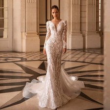 Luxury Mermaid Wedding Dresses V-Neck Long Sleeve Lace Appliques Bridal Gowns