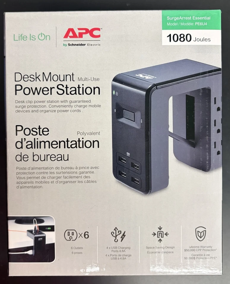 APC 6-out 4 USB Charger Ports Desk Mount Power Station PE6U4 Black - Image 2 of 2
