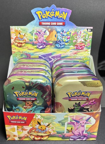 LEERE Pokémon Prismatic Evolutions Mini Tins komplett Display mit Box - ohne Packungen