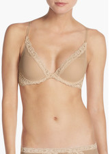 NEW 72 NATORI  36G US  Feathers Plunge Mesh Bra in Cafe Nude U1626