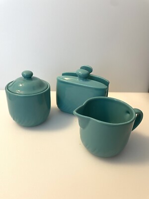 Teal Homecollection Stoneware Set Sugar Creamer Napkin Holder 1991 Taiwan Vtg