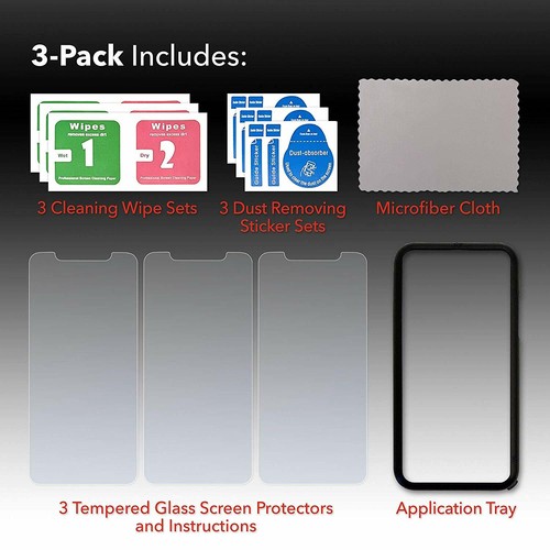 3-PACK TEMPERED GLASS IPHONE 11 PRO SCREEN PROTECTOR WITH INSTALLATION TOOL - Photo 3 sur 11