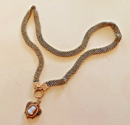 Victorian 10K Gold Mesh Link Necklace w Hardstone… - image 1