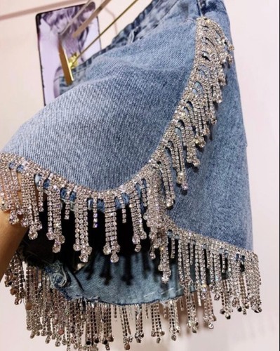 Festival Rhinestone Fringe High Waist Denim Diamond Beam Tassel Rave Party Short - Picture 7 of 7