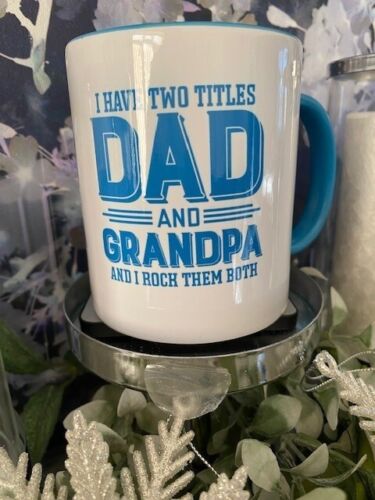 NEW !! Dad to Grandad mug, personalised  with names if required blue inside mug - Afbeelding 1 van 2