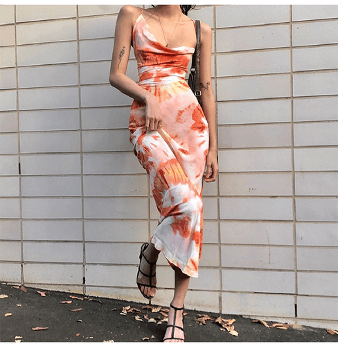 Women's Tie-Dye Printing Sexy Backless Halter Dress Summer Fashion Pile Collar - Picture 6 of 8