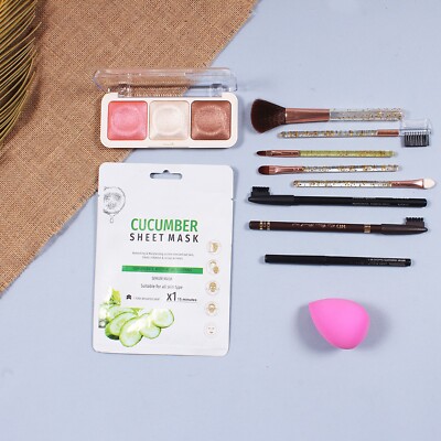 Blusher,Face Sheet Mask,Makeup Brushes Set, 2Pcs Eyebrow Pencil,Kajal,Blendedr