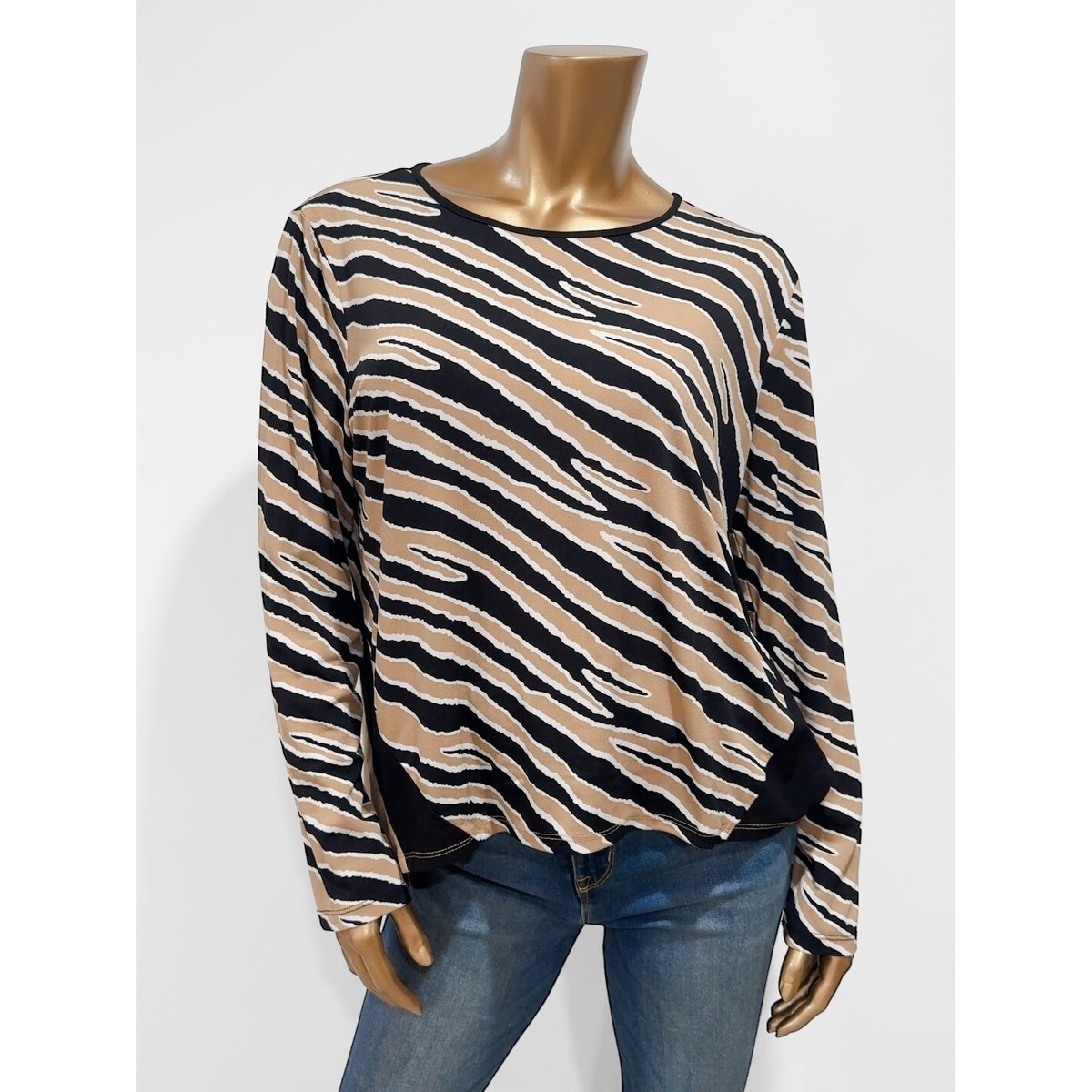 Adrienne Vittadini Womens Tan Black Zebra Animal Print Stretch Top 