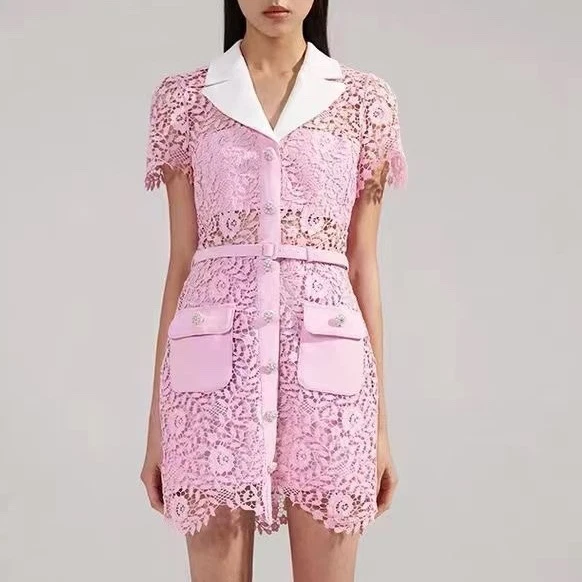 Self Portrait Pink Rose Lace Mini Dress Collared Short Sleeve
