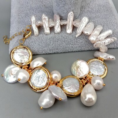 Freshwater White Biwa Pearl Coin Keshi Pearl Sea Shell Pearl Bracelet 8''
