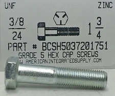 3/8-24x1-3/4 Hex Head Cap Screws Grade 5 Steel Zinc Plated (6)