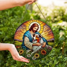 Memorial Jesus Hugging Australian Shepherd Suncatcher, God and Dog Window Decor