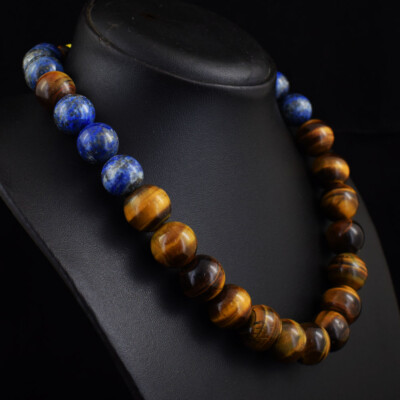 787 Cts Natural Tiger Eye & Lapis Lazuli Round Shape Beads Necklace JK 22E404