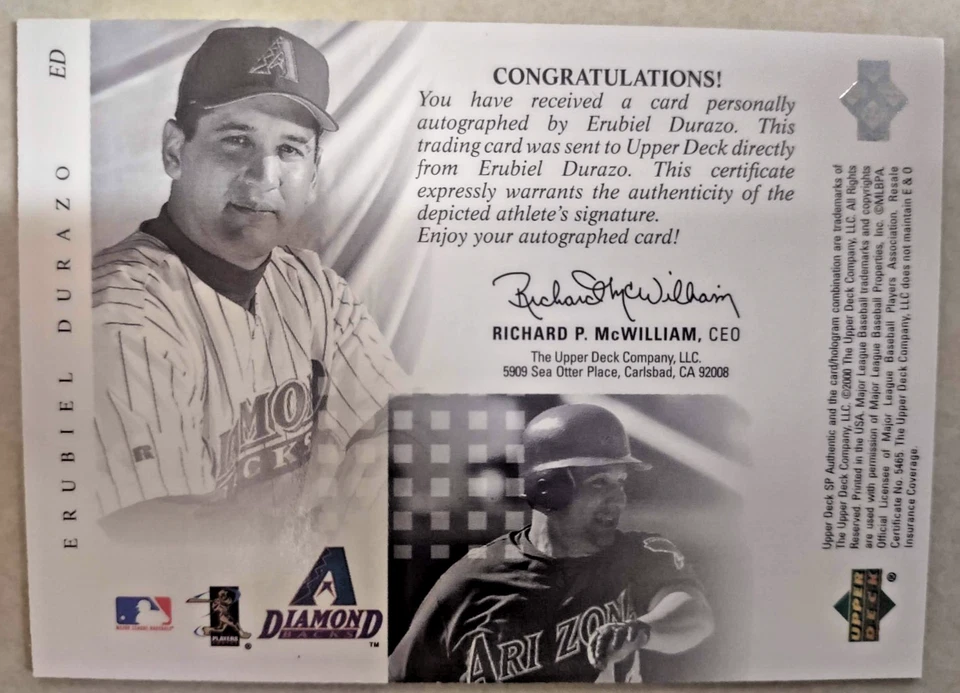 2000 Upper Deck SP Authentic ERURIEL DURAZO MLB Diamondbacks AUTOGRAPH! FREE S&H - Image 2 of 2