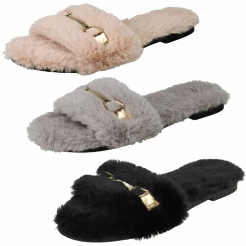 Spot On Ladies Flat Fur Mules - Picture 1 of 28
