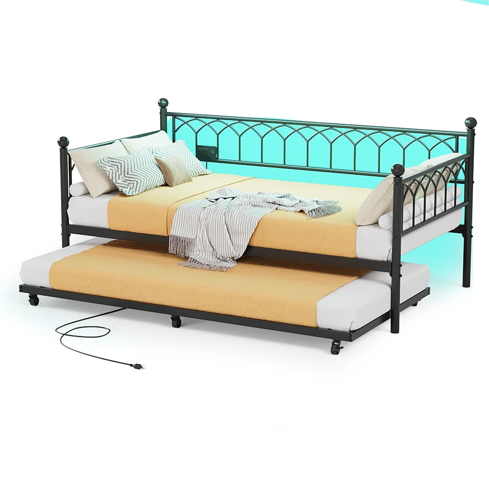 Cama de día con nido, marco de cama de día de tamaño doble con estación de carga y luces LED Foto 4 de 4