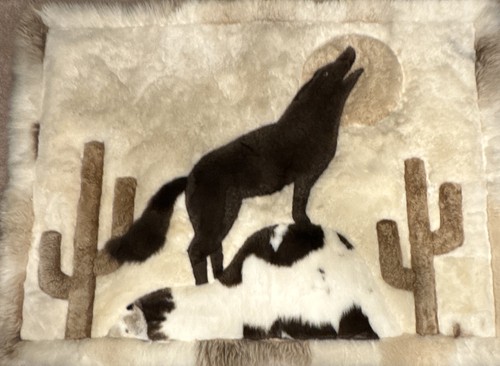 Authentic Fur Rug  Black Wolf Tapestry  handmade 