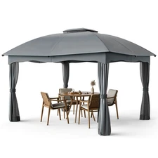 12' x 10' Patio Heavy Duty Steel Gazebo Canopy Double Vented Outdoor Gray