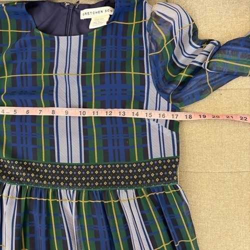 Gretchen Scott || Peasant Dress Midi Campbell Plaid Green Blue XS - Photo 7/8