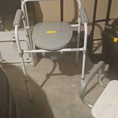 Gray and White Bedside Commode with Removable Seat, Adjustable Height, Lid