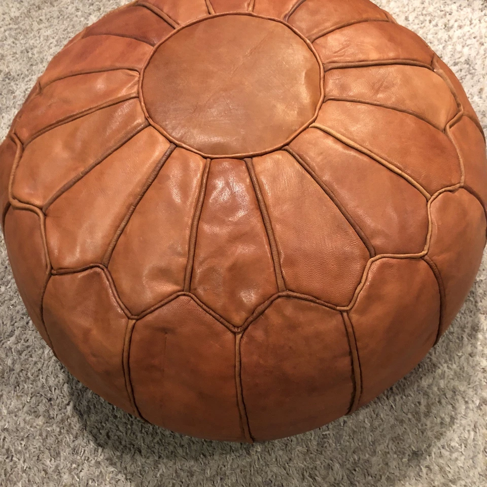 Moroccan Leather Pouf Ottoman 19" BOHO Footstool MCM Mod - Image 4 of 4