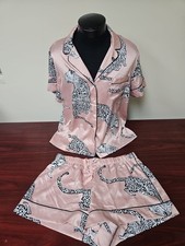 Victoria's Secret 2 Piece Pink Leopard Satin Pajama Set Size LG Rare