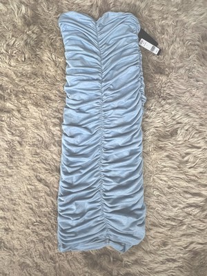 NEW,  BEBE Strapless Ruched Sparkle Mesh Dress Blue Size M 