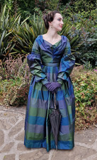 NEW Early Victorian style plaid silk taffeta dress in an 1837 design, size 10 UK