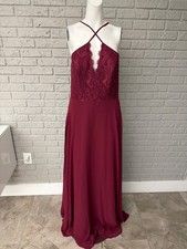 Hayley Paige Women Burgundy Lace Chiffon Strappy Halter Bridesmaid Dress Size 10