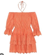 Alice + Olivia Women's Coral Eyelet Cotton Mini Dress Off The Shoulder Size 2