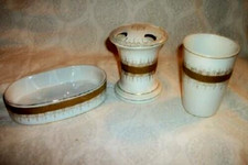 Cottagecore Porcelain Gilt Bath Vanity Set Japan Numbered 3 Pc Hollywood Regency
