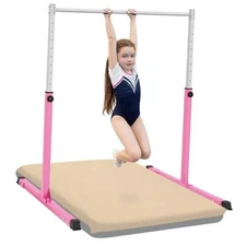 Gymnastics Bar for Kids Ages 3-15, 3' to 5' Adjustable Height, Pink with Mat