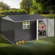 10x12 ft Outdoor Storage Shed, Metal Garden Shed with Lockable Doors, Windows