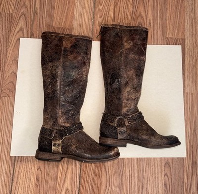 Frye Women s Studded Harness ChocolateBrown Distressed Crackle Boots Size 6 1/2B