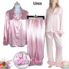 NWOT Linea Donatella Women's S Printed Marabou Feather Satin Pajama Set MBJ145