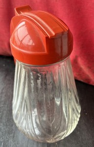 Vintage Diner Ribbed Glass Syrup Bottle Dispenser Red Lid & Handle