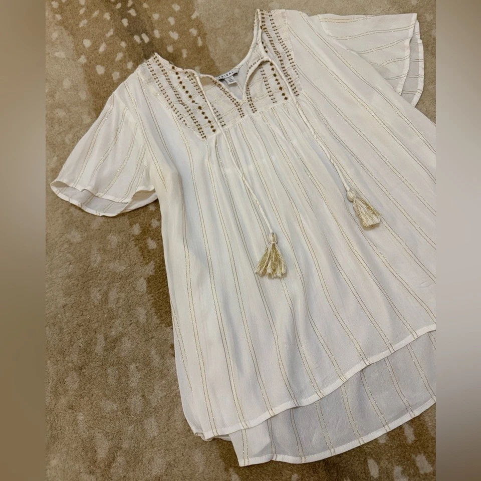 Tribal gold white stripe embroidered bohemian blouse women’s size XL - Image 4 of 4