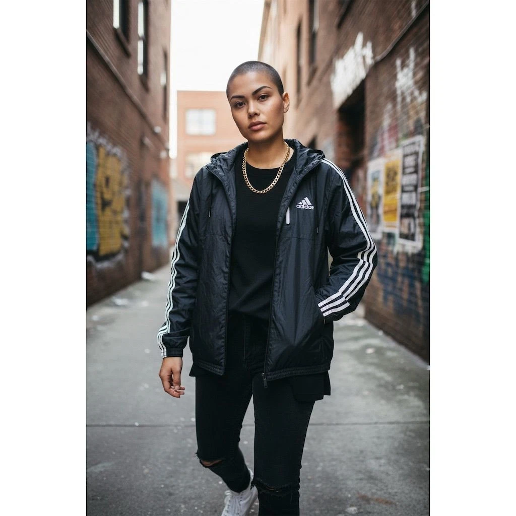 adidas Unisex Black Insulated Hooded Windbreaker Jacket Sz M streetwear Vintage