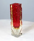 Murano Sommerso Glass Block Vase MCM Vintage Submerged Art 12” Red Yellow Glows