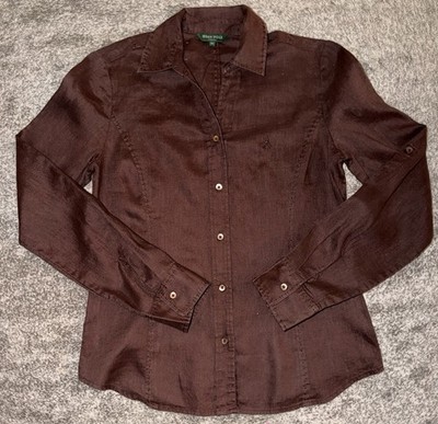 Beanpole Women Brown Button Shirt Cotton/Linen Blend Chocolate Brown Korean S-90