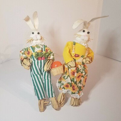 Vintage, Set of 2, Husk Straw Stuffed, 16 Inch, Gardening, Easter Bunny, Rabbit