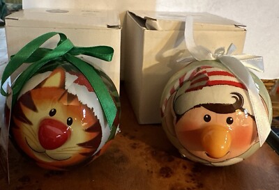 2  TWINKLING TREASURES CHRISTMAS CAT & ELF Blinking Colored Light Xmas ORNAMENT