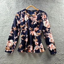 Forcast Womens Blouse Top Size 6 Navy Blue Pink Floral Long Sleeve V-Neck