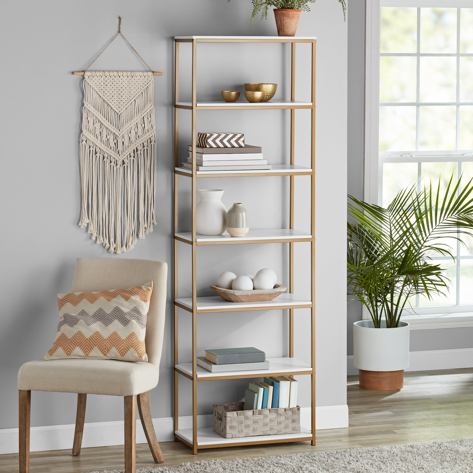 Gold Modern White Shelf 6-Tier Open Bookcase Living Room Office Versatile