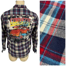 Upcycled Flannel Shirt Mens Large Shacket Racing Blue Plaid Grunge Mechanic