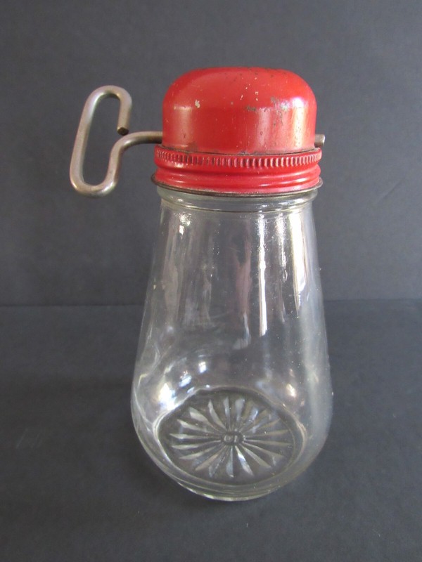 Vintage 1940's Red Metal & Glass Scew Top Turn Key Nut & Spice Grinder Chopper