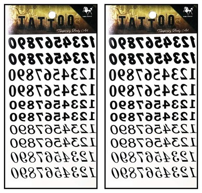 Tattoos 2 Sheets Number 0 to 9 text font letter Vintage Temporary Tattoos Sti...