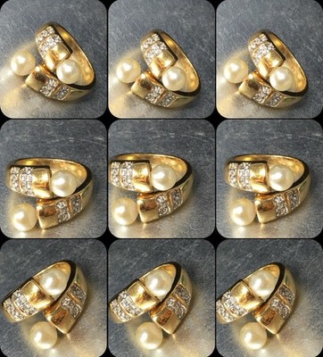 18k HGE LIND Vargas Double Pearl Bypass Ring Crystal up to sz 6