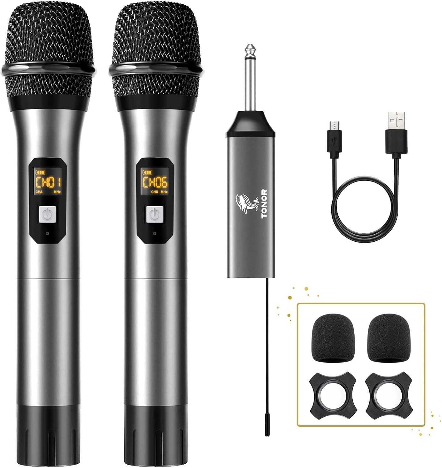 TW630 Wireless Microphone, UHF Dual Cordless Metal Dynamic Mic System with Recha